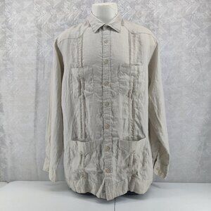 Cubavera Guayabera Shirt Mens XLT Beige 100% Linen Long Sleeve Beige Tan Khaki